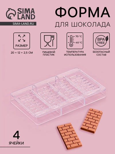 Форма для шоколада «Брикс», пластик, 20×12×2.5 см, 4 ячеек 8.5×4.2×1 см, прозрачная