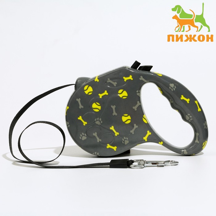 Рулетка "Лапа", 5 м, до 35 кг, принт лапки/кострочки/мячи, серая - Фото 1