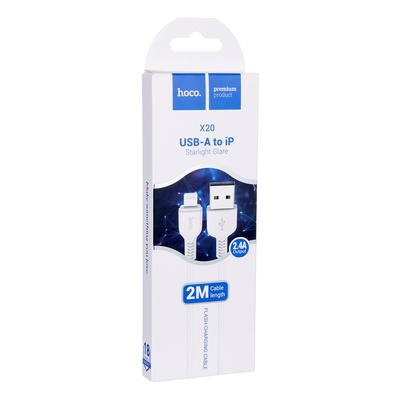 Кабель Hoco X20, Lightning - USB, 2 А, 2 м, PVC оплетка, белый
