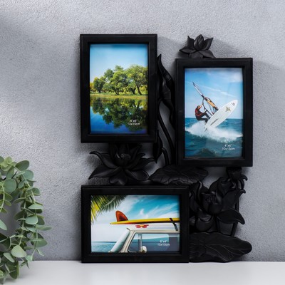 Фоторамка - коллаж на 3 фото 10×15 см «Лотосы», чёрный, 36×27 см