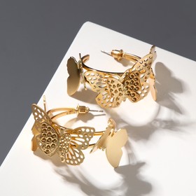 Серьги-кольца "Бабочки" карусель, цвет матовое золото, d=4см