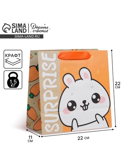 Пакет подарочный крафтовый квадратный, упаковка, Surprise, 22×22×11 см