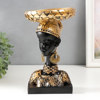 Фигурка - подставка для мелочей «Бюст. Африканка в золотом уборе, с серьгами в ушах», полистоун, 25×15×15 см