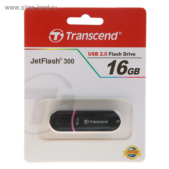 Флешка Transcend JetFlash 300, 16 Гб, USB2.0, чт до 25 Мб/с, зап до 15 Мб/с, чёрная - Фото 1