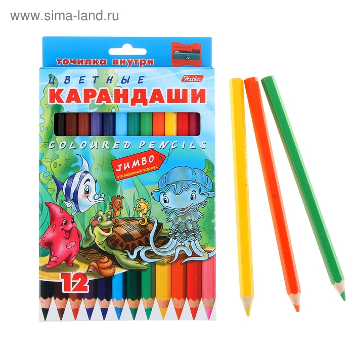 Карандаши утолщенные 12цв Jumbo "Морская семейка" с точилкой, с европодвесом - Фото 1