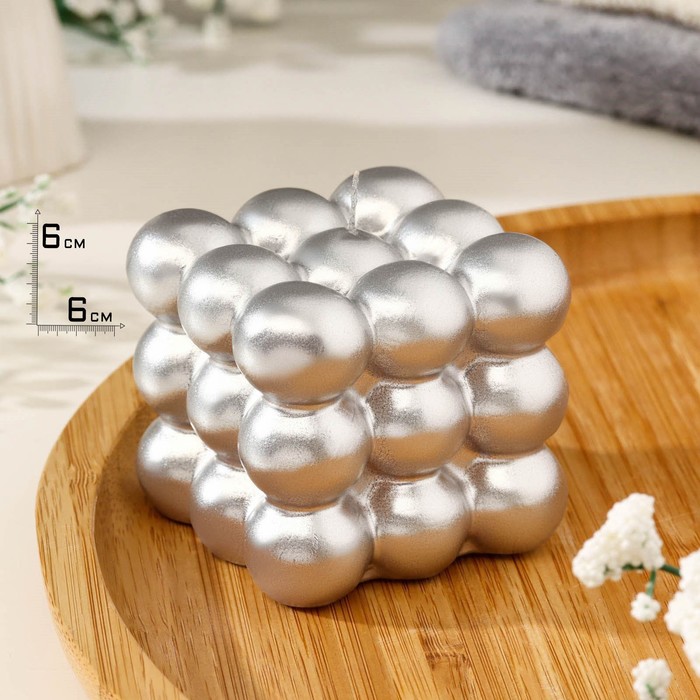 Свеча фигурная лакированная "Бабл куб", 6 см, серебро - Фото 1