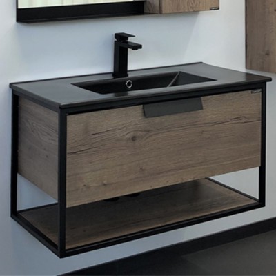 Тумба-умывальник COMFORTY «Бонн-90» цвет дуб темный, с раковиной COMFORTY 90E чёрный матовый