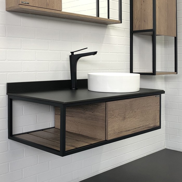 Тумба-умывальник COMFORTY «Лиссабон-95» дуб тёмный, с левой чёрной столешницей, c раковиной - Фото 1