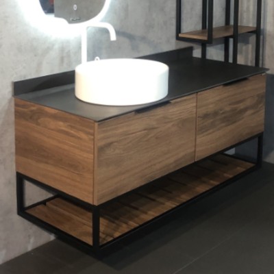 Тумба-умывальник COMFORTY «Порто-120-1» дуб тёмно-коричневый с черн. столешницей c рак. 9110 77298