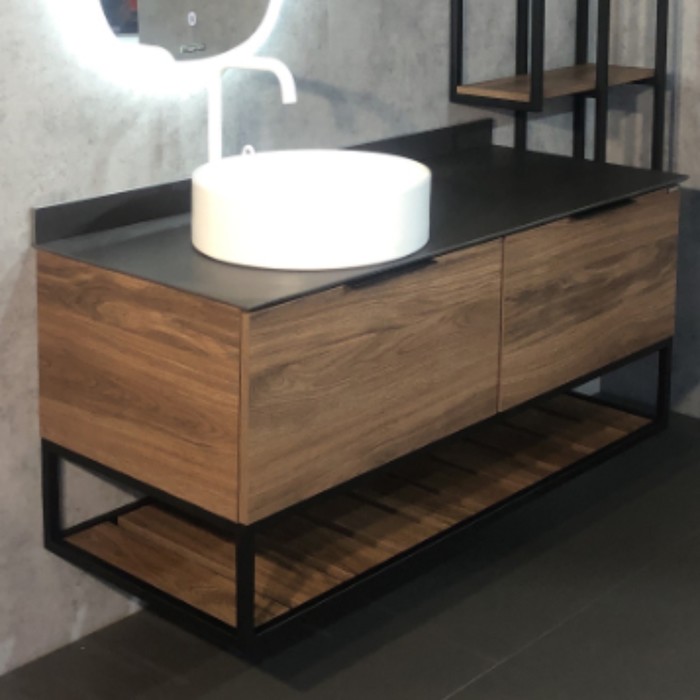 Тумба-умывальник COMFORTY «Порто-120-1» дуб тёмно-коричневый с черн. столешницей c рак. 9110   77298 - Фото 1