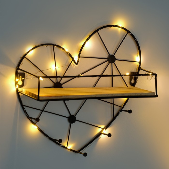Вешалка настенная с полкой "Сердце", с подсветкой, 5 крючков, черная - фото 1901535808