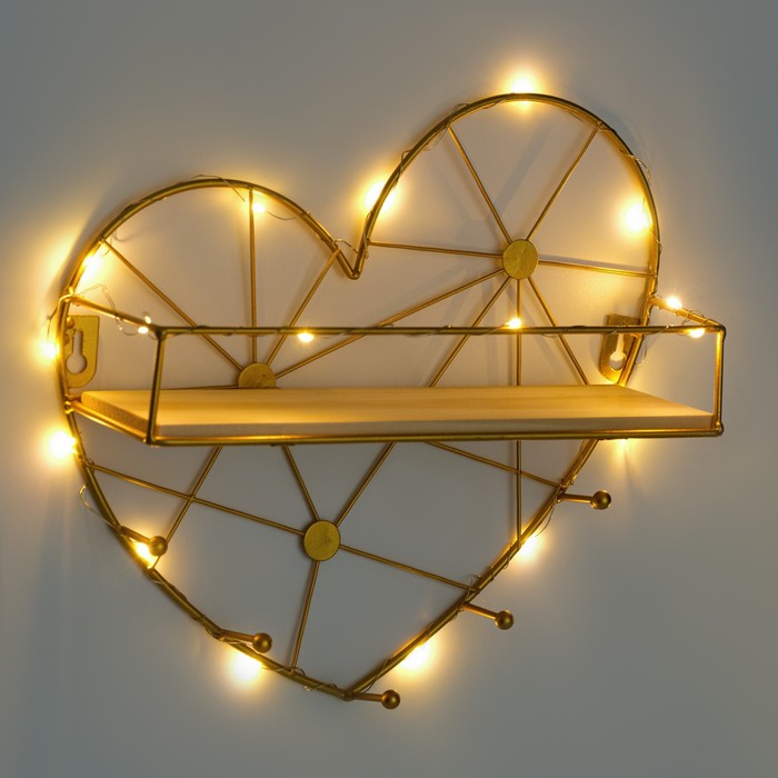 Вешалка настенная с полкой "Сердце", с подсветкой, 5 крючков, золото - фото 1901535813
