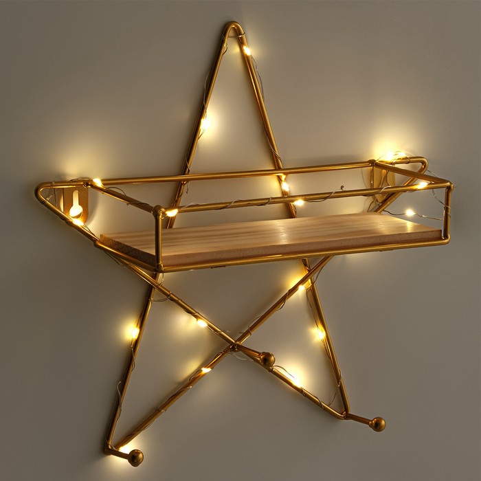 Вешалка настенная с полкой "Звезда", с подсветкой, 3 крючка, 28 х 28 см, золото - фото 1901535823
