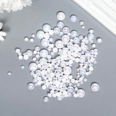 Декор для творчества пластик "Половинки бусин. Белый перламутр" d=3-10 мм, набор 10 гр