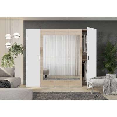 Шкаф пятидверный с зеркалами Горизонт, 2500х570х2072, Дуб сонома/Белый