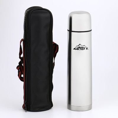 Термос, 1 л, Гильза «Мастер К.», с кружкой, без кнопки, сохраняет тепло 24 ч, в чехле, хром