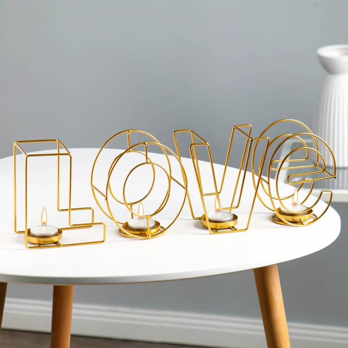 Подсвечник металлический на 4 свечи TAKE IT EASY «Love: слово», 13.5×42 см, золото - Фото 1