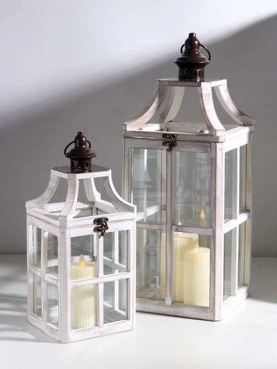 Деревянный подсвечник-фонарь на 1 свечу «Веранда», набор 2 шт., белый состаренный, 35×15×15 см; 53×20×20 см