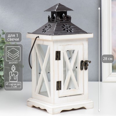 Деревянный подсвечник-фонарь на 1 свечу «Ставни», беж, 28×12.5×12.5 см