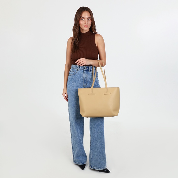 Сумка шоппер женская, на молнии, бежевая - Фото 1