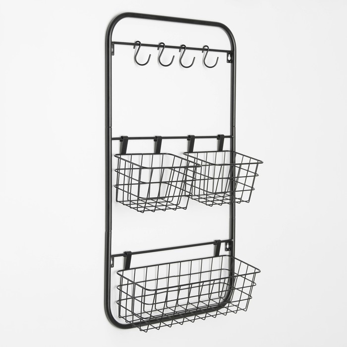 Система хранения универсальная, 3 корзины, 4 крючка, чёрная - Фото 1