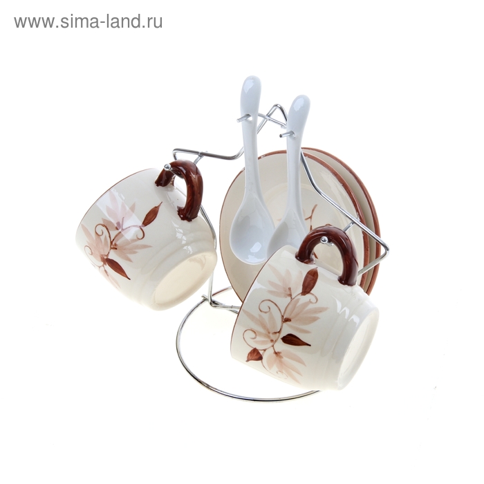 Сервиз керамический кофейный "Ядвига", 6 предметов на подставке: 2 чашки 110 мл, 2 ложки, 2 блюдца - Фото 1