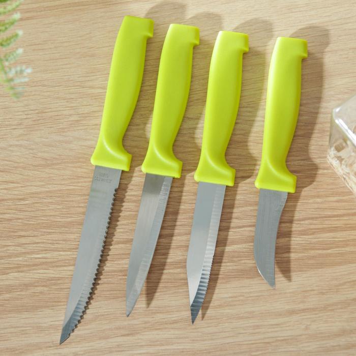 Набор кухонных ножей на подставке Доляна, 4 шт: 6 см, 9 см, 9 см, 11 см, на подставке, цвет МИКС - фото 1906783077