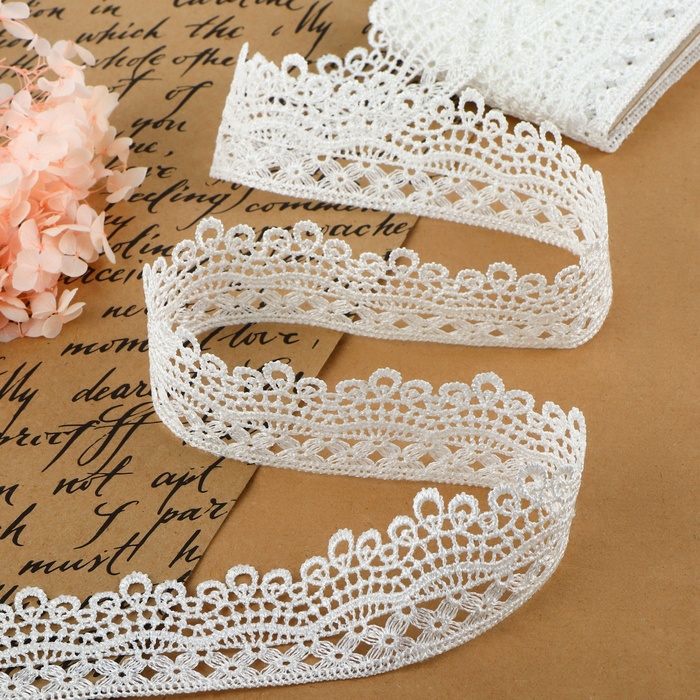 Кружево гипюровое, 40 мм × 9 ± 0.5 м, цвет белый