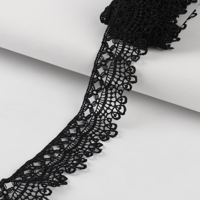 Кружево гипюровое, 40 мм × 9 ± 0,5 м, цвет чёрный