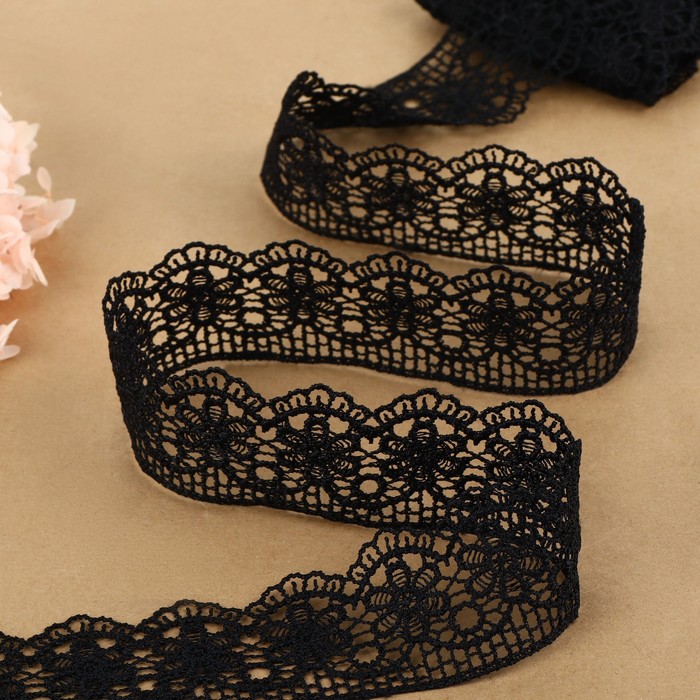 Кружево гипюровое, 45 мм × 6.8 ± 0.5 м, цвет чёрный