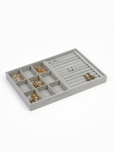 Подставка для украшений QF, 9 ячеек и 11 полос для колец, флок, 35×24×3 см, серая