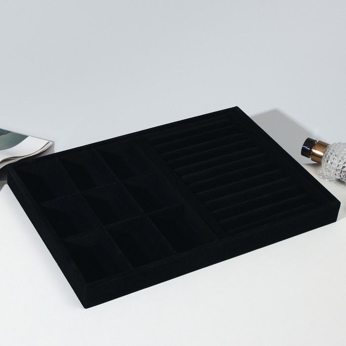 Подставка для украшений 9 ячеек и 11 полос для колец, флок, 35×24×3 см, цвет чёрный - фото 1911686672