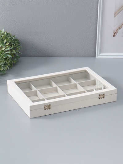 Шкатулка для украшений 12 ячеек, 35×24×4.5, стеклянная крышка, бежевая