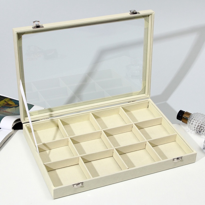 Шкатулка для украшений 12 ячеек, 35×24×4.5, стеклянная крышка, бежевая - Фото 1