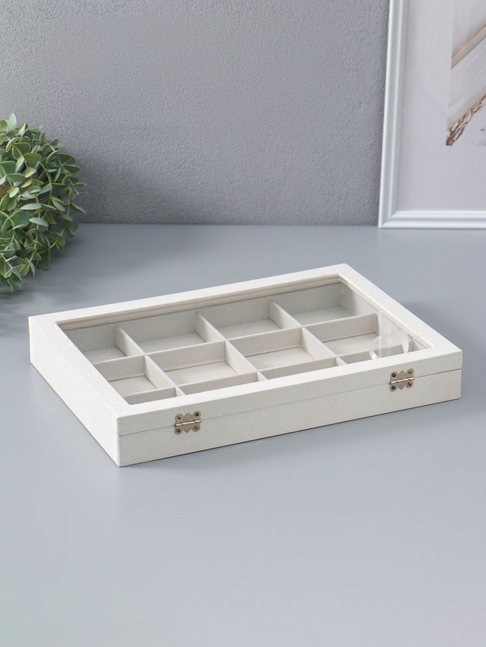 Шкатулка для украшений 12 ячеек, 35×24×4.5, стеклянная крышка, бежевая - Фото 1