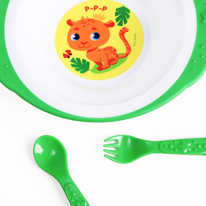 Набор детской посуды «Леопард», тарелка на присоске 250мл, вилка, ложка - фото 1927841634