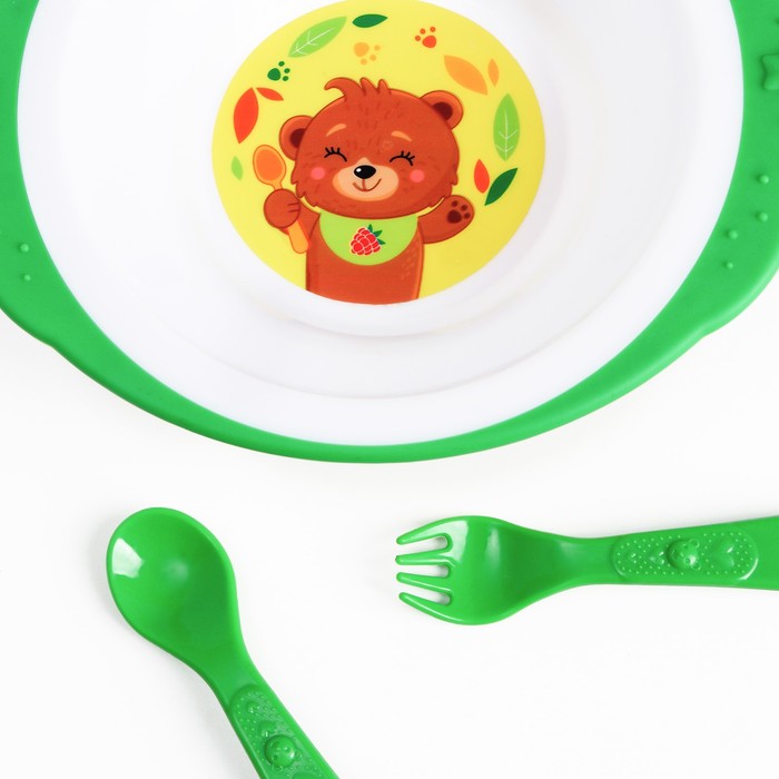 Набор детской посуды «Медвежонок», тарелка на присоске 250мл, вилка, ложка - фото 1907382827