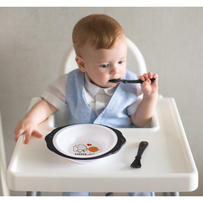 Набор детской посуды «Люблю есть», тарелка на присоске 250мл, вилка, ложка - фото 1907382843