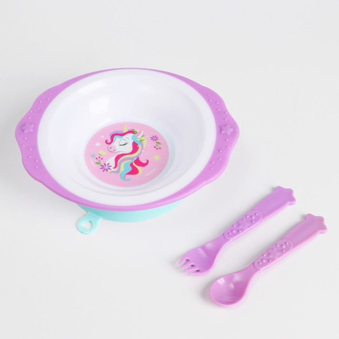 Набор детской посуды «Единорожек», тарелка на присоске 250мл, вилка, ложка - Фото 1