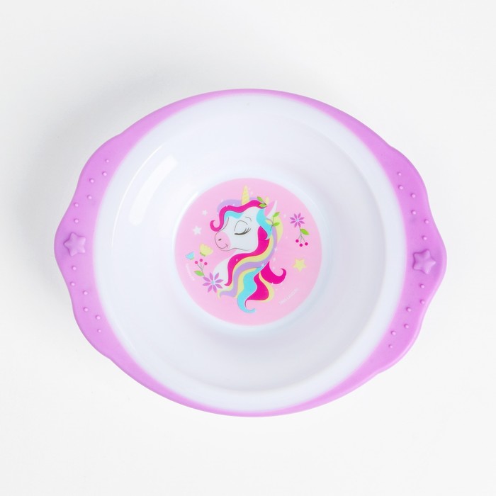 Набор детской посуды «Единорожек», тарелка на присоске 250мл, вилка, ложка - фото 1885314769