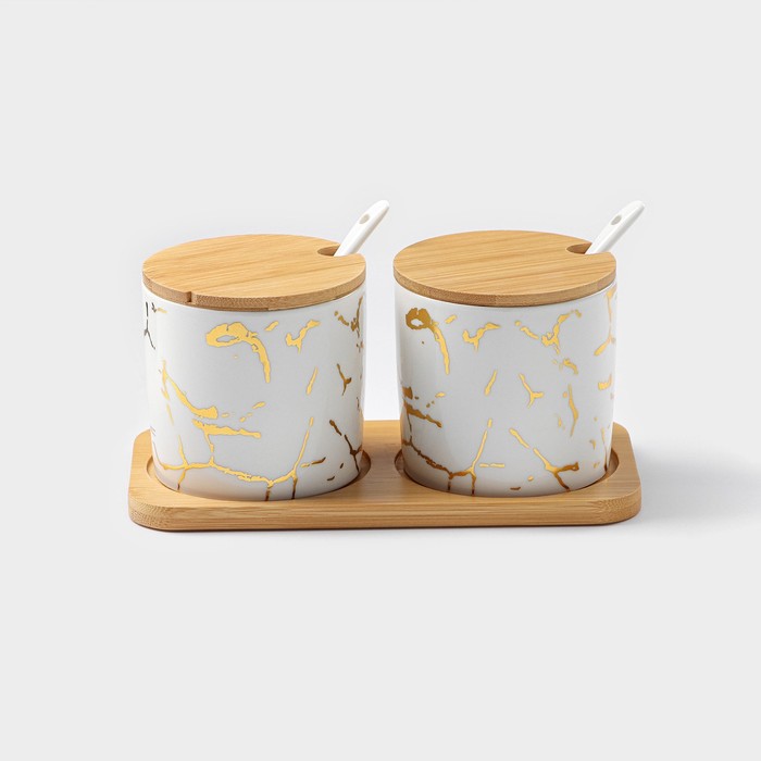 Набор банок керамических с ложками на деревянной подставке «Эстет. Gold», 2 предмета: 300 мл, цвет белый - Фото 1