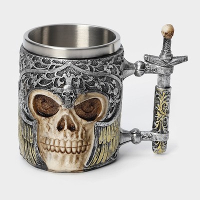 Кружка средневековая «Череп с мечом. Хэллоуин», 400 мл, нержавеющая сталь, серебристая