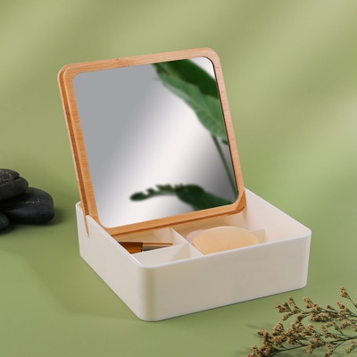 Органайзер для хранения Bamboo, шкатулка для украшений с зеркалом, 4 секции, 15×15×5 см, белый, коричневый