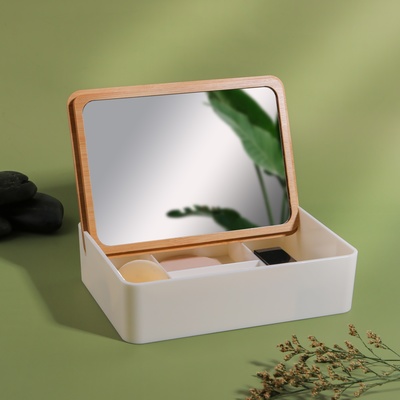 Бокс для хранения косметических принадлежностей «BAMBOO», с зеркалом, 4 секции, 18 × 13 × 5 см, цвет белый/коричневый
