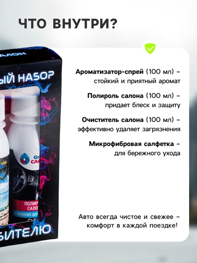 Подарочный набор автолюбителю Grand Caratt black, Чистый салон: ароматизатор-спрей 100 мл, полироль салона 100 мл, очиститель салона 100 мл, микрофибра