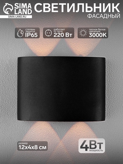 Светильник фасадный «Полусфера», 4 Вт, 3000К, 2 луча, IP65, 220 В, металлический корпус, чёрный, свечение тёплое белое