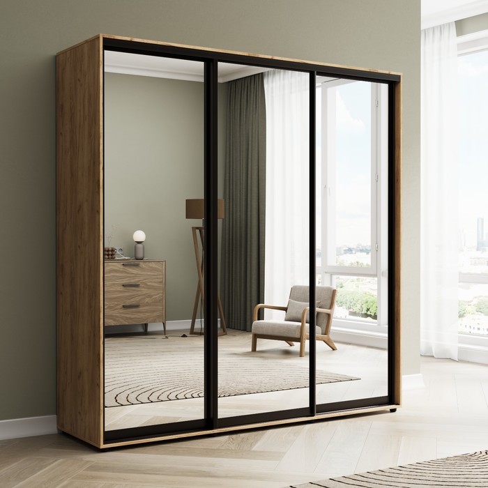 Шкаф-купе «Сим З», 1500×600×2300 мм, ЛДСП/зеркало, с ящиками, цвет дуб крафт золотой - Фото 1