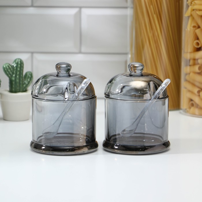 Набор банок стеклянных для сыпучих продуктов «Винни», 300 мл, 9×12, с ложкой, 2 шт, цвет серый - Фото 1