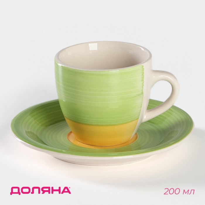 Чайная пара керамическая Доляна «Подсолнух», 2 предмета: чашка 200 мл, блюдце d=14,5 см, цвет зелёный - Фото 1