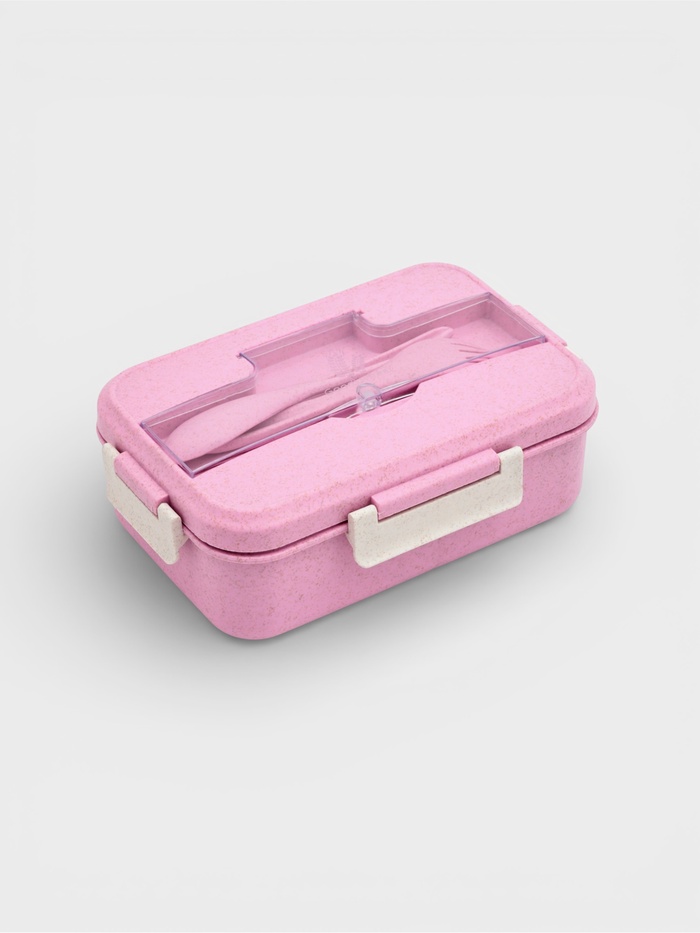 Ланч-бокс в школу TAKE IT EASY, 800 мл, 3 ячейки, с приборами, 12×7.6×20 см, пшеничная солома, розовый - Фото 1